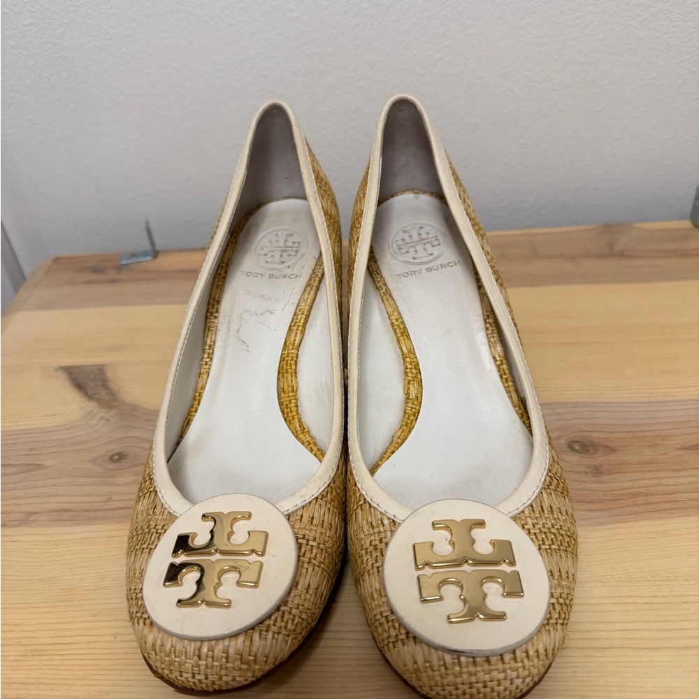 Tory Burch Tan and White Wedges